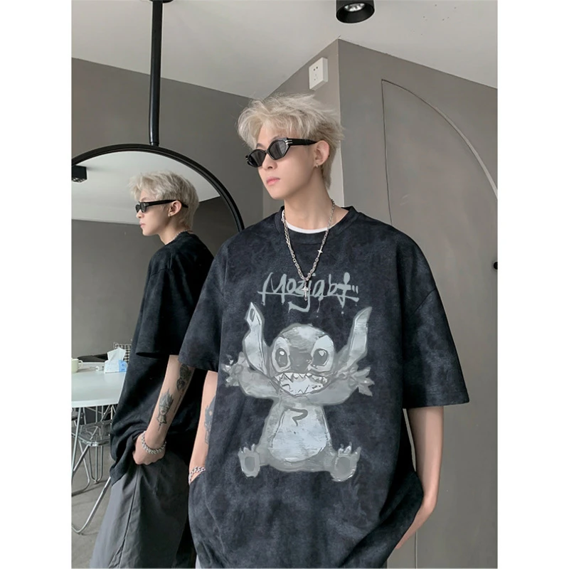 2-300斤特大码卡通史迪奇印花重磅纯棉扎染短袖男女潮牌圆领T恤衫