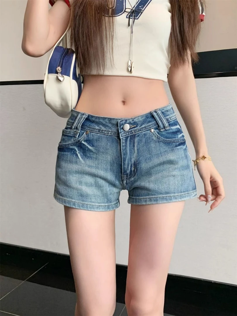 坏蛋同款美式薄款短裤低腰高弹力辣妹胯垫牛仔毛边直筒百搭裤