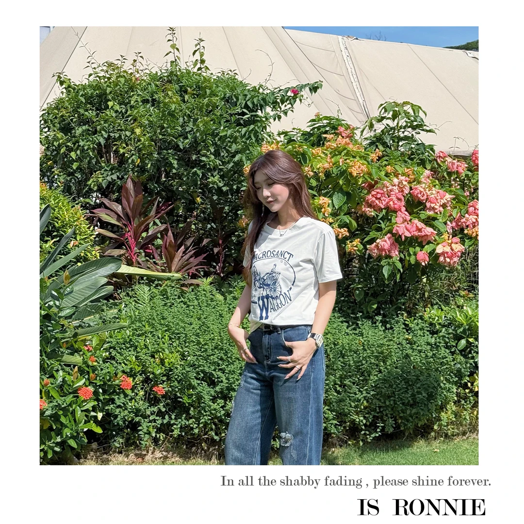 Is Ronnie【养马女孩】圆领字母图案印花夏季T恤短袖上衣女25IR0714