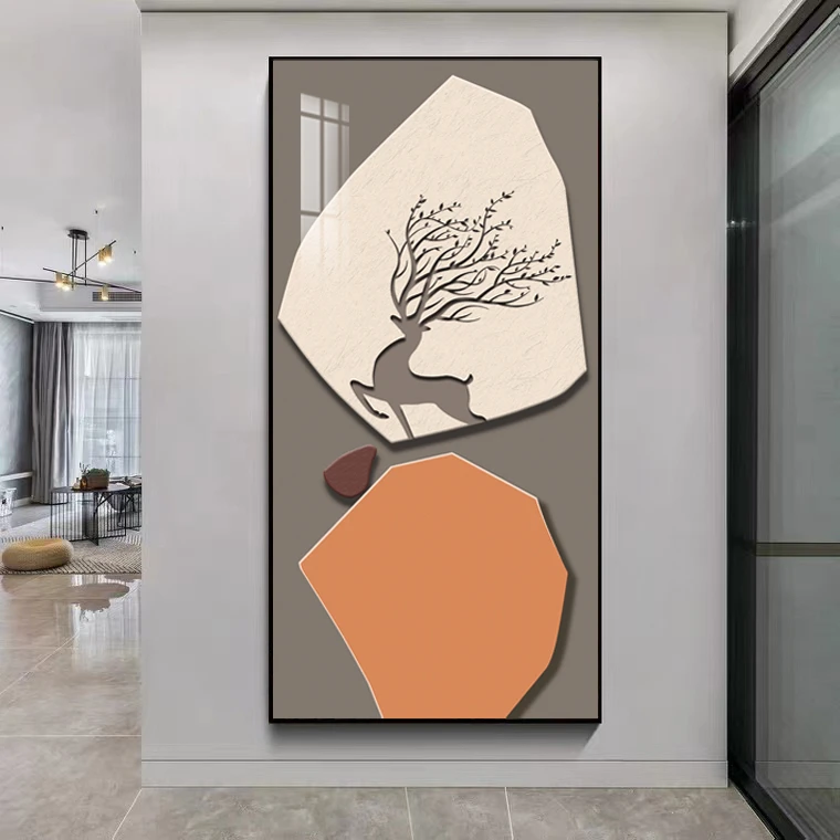 轻奢玄关装饰画竖版新中式麋鹿走廊过道挂画高档大气入户门壁画