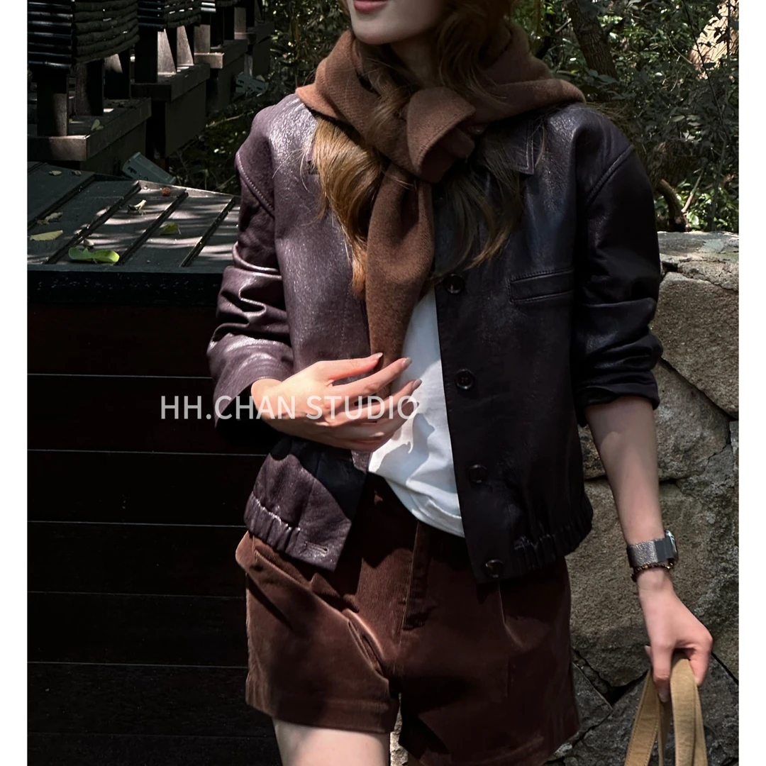 HH.CHAN“马德里”100%西班牙进口绵羊皮黑紫色翻领皮衣HH53N38251