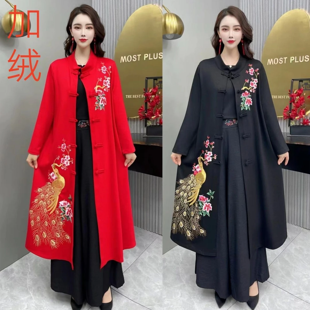 冬季新款民族风重工刺绣加绒开衫中式外套女民族风绣花风衣中长款