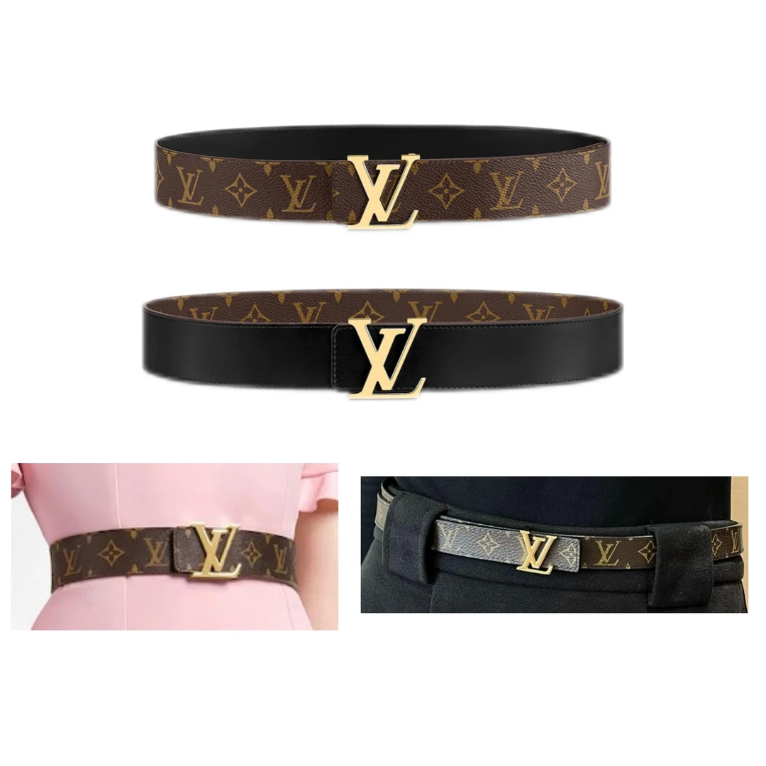 99新 LOUIS VUITTON 经典老花印花Logo平滑扣 皮革 皮带 棕色