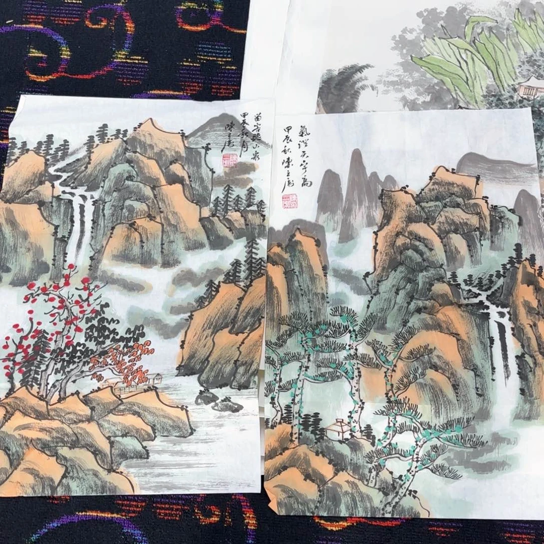 国画陈三虎四尺三开山水两张朱