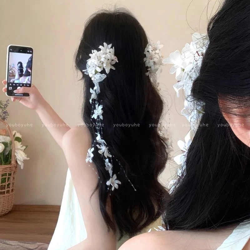 新中式超仙氛围感花朵流苏发夹女轻奢高级感小众侧边夹夸张配饰品