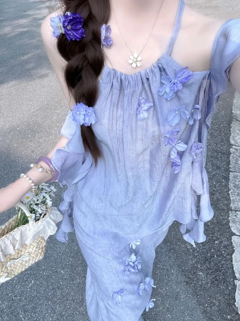 紫色挂脖牛仔吊带上衣搭配半身裙温柔风夏季套装裙子女装裙套装