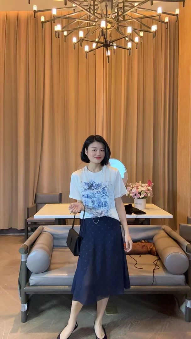 TANTAN  HR  真丝 时尚百搭白色印花T恤2177