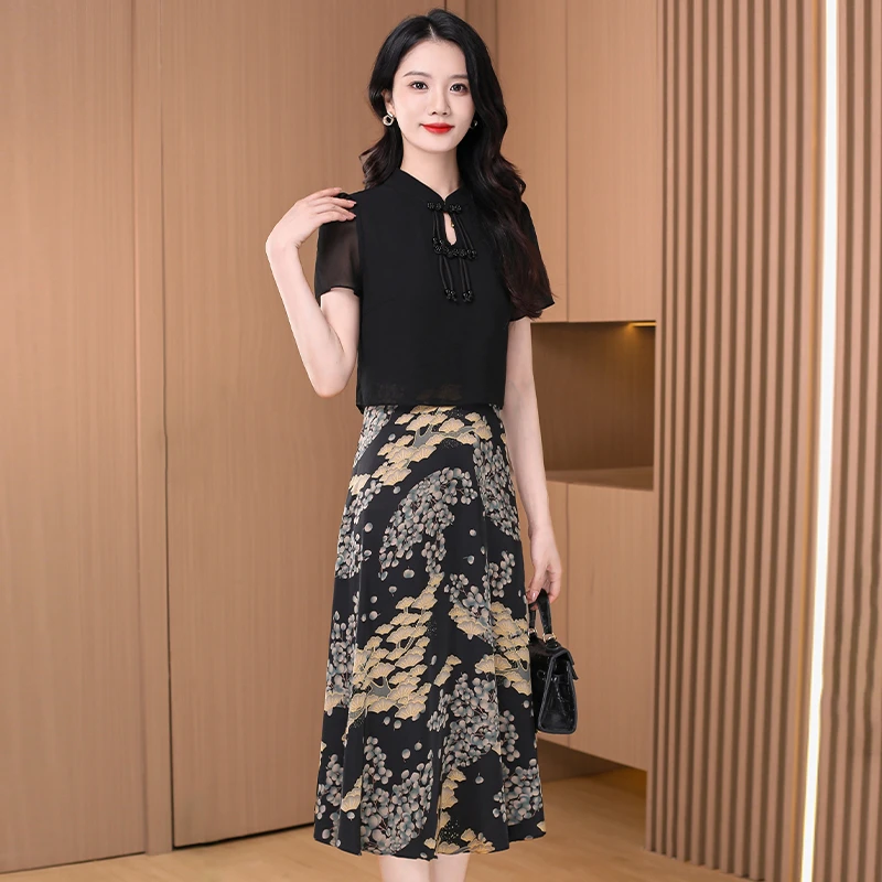 阔太太改良旗袍连衣裙2025新款女夏贵夫人气质高端奢华假两件套装