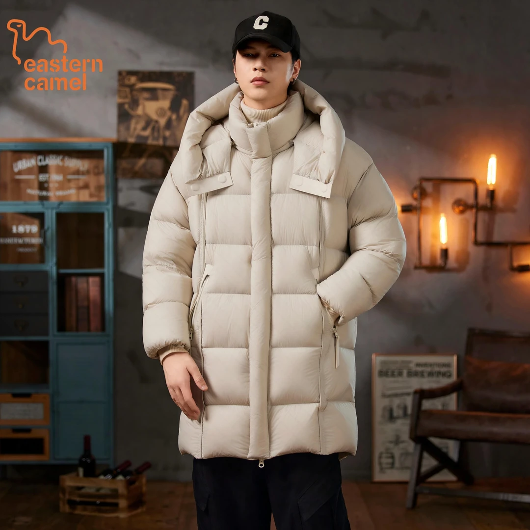 东方骆驼高充绒300克极寒户外中长款连帽羽绒服男士冬季保暖大衣