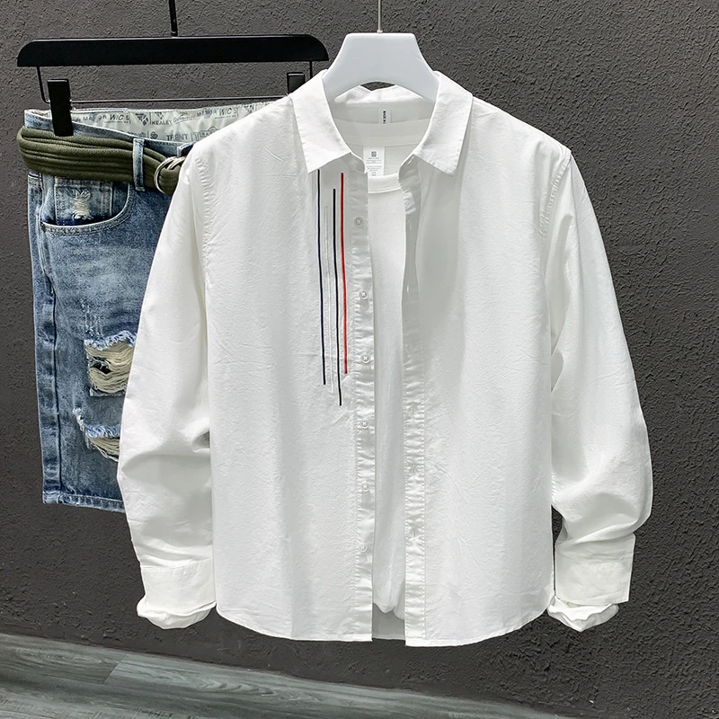 春秋新款潮流长袖衬衫男士秋季宽松休闲百搭帅气纯棉男装衬衣外套