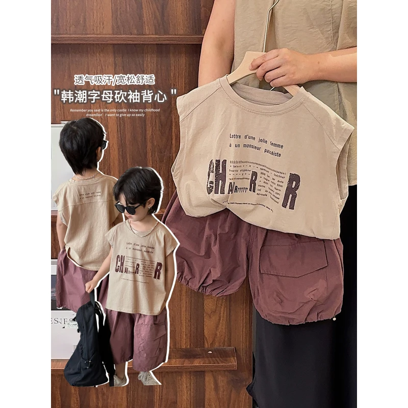 《夏上新》韩版中大儿童薄款圆领字母无袖T恤透气男女童25XL1192