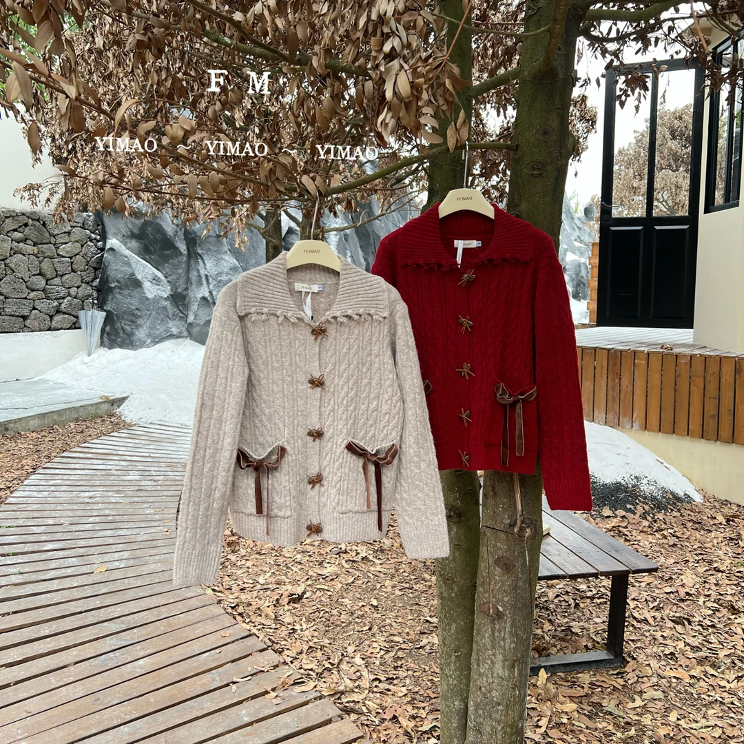 【赵小小yimao】82126 秋冬复古圆领长袖针织开衫红色毛衣宽松显瘦