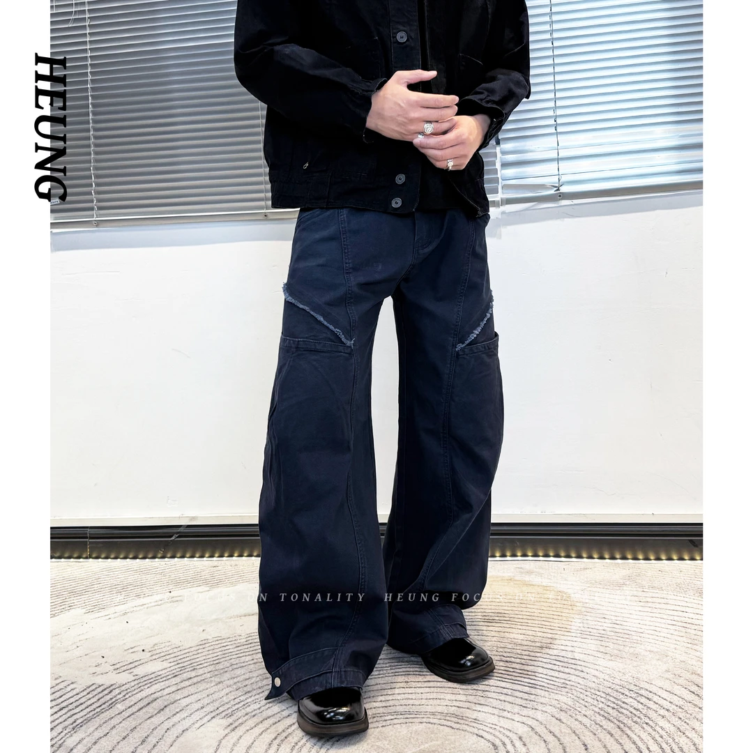 HEUNG 美式复古小众工装褶皱设计感宽松休闲长裤水洗廓形阔腿裤男