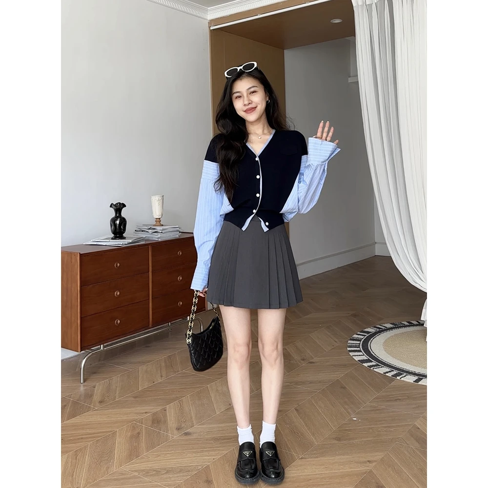 张阿星【松弛早秋】撞色拼接层次感假两件衬衫+半身裙裤W425S12873