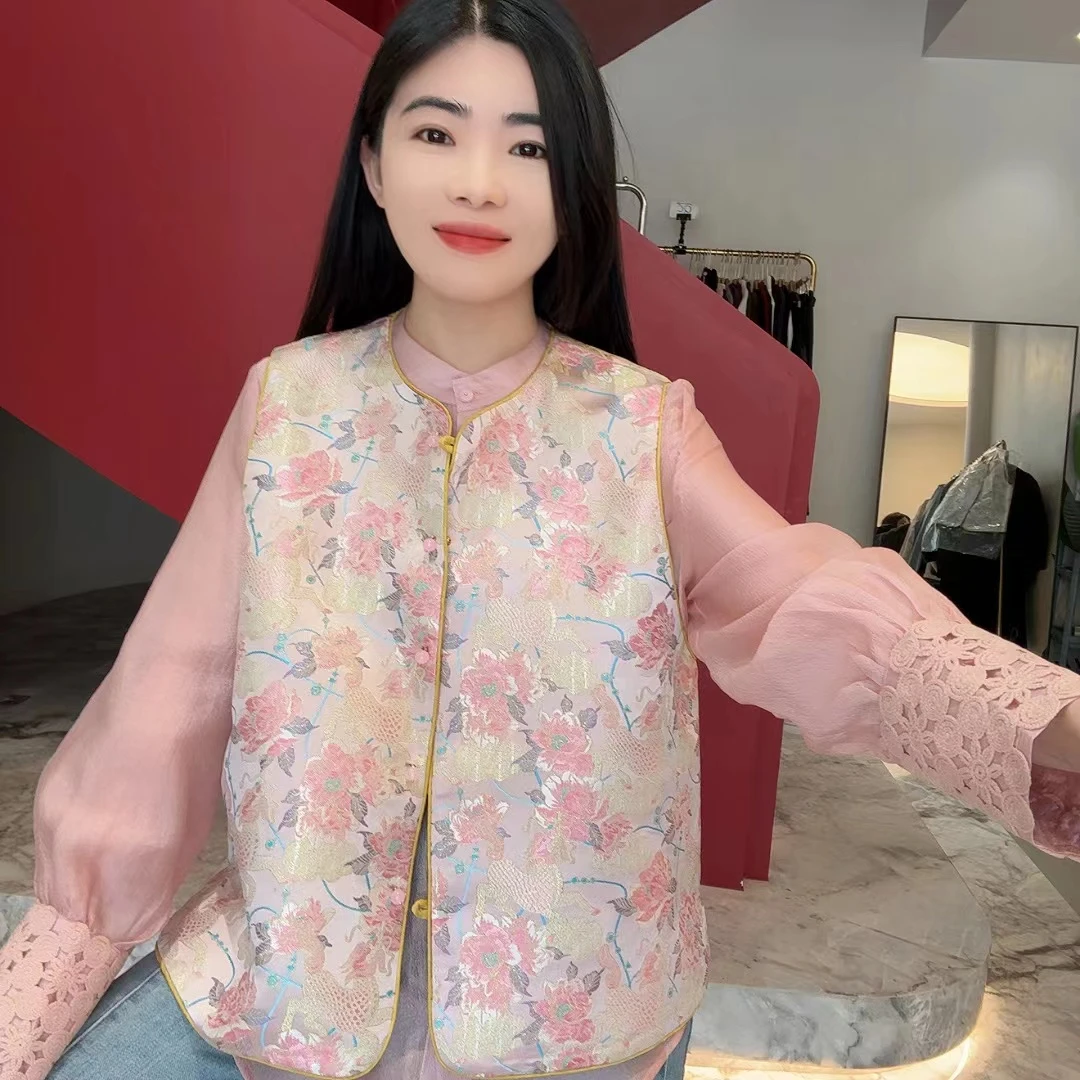 QC 252543 两面穿国风重工提花单排扣圆领气质马夹