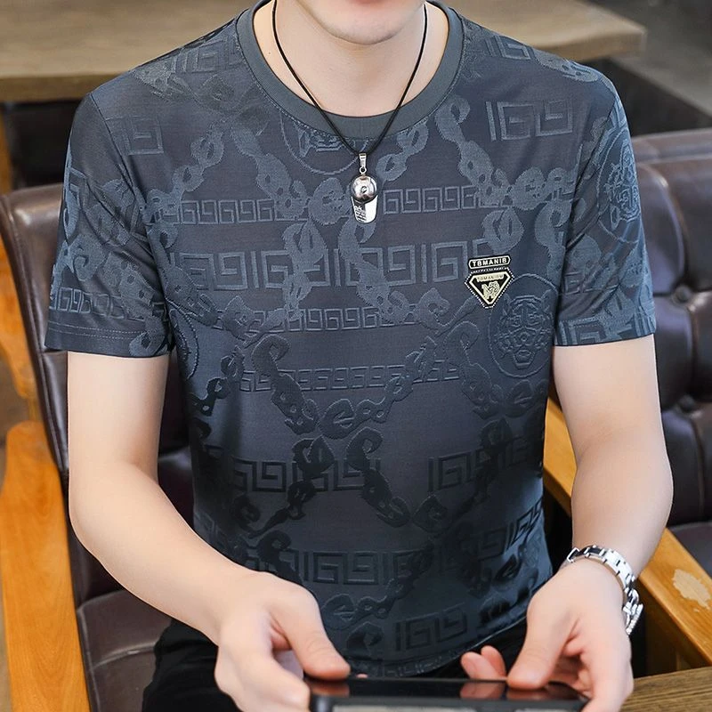 夏季男士时尚短袖冰丝t恤2025新款潮流透气半袖休闲速干体恤衫潮T