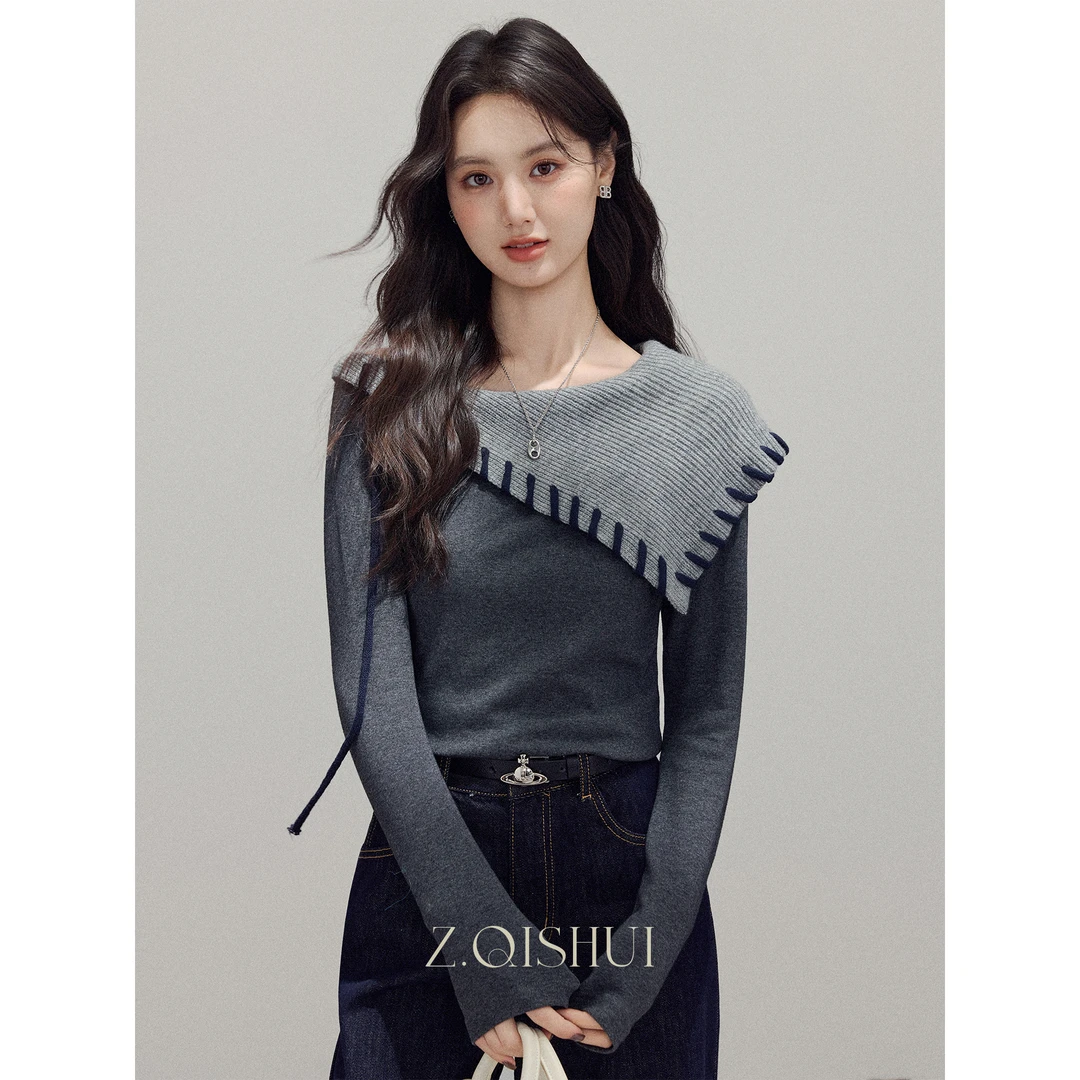 张汽水秋冬百搭套头拼接打底衫休闲气质翻领打底灰色T恤Z18606