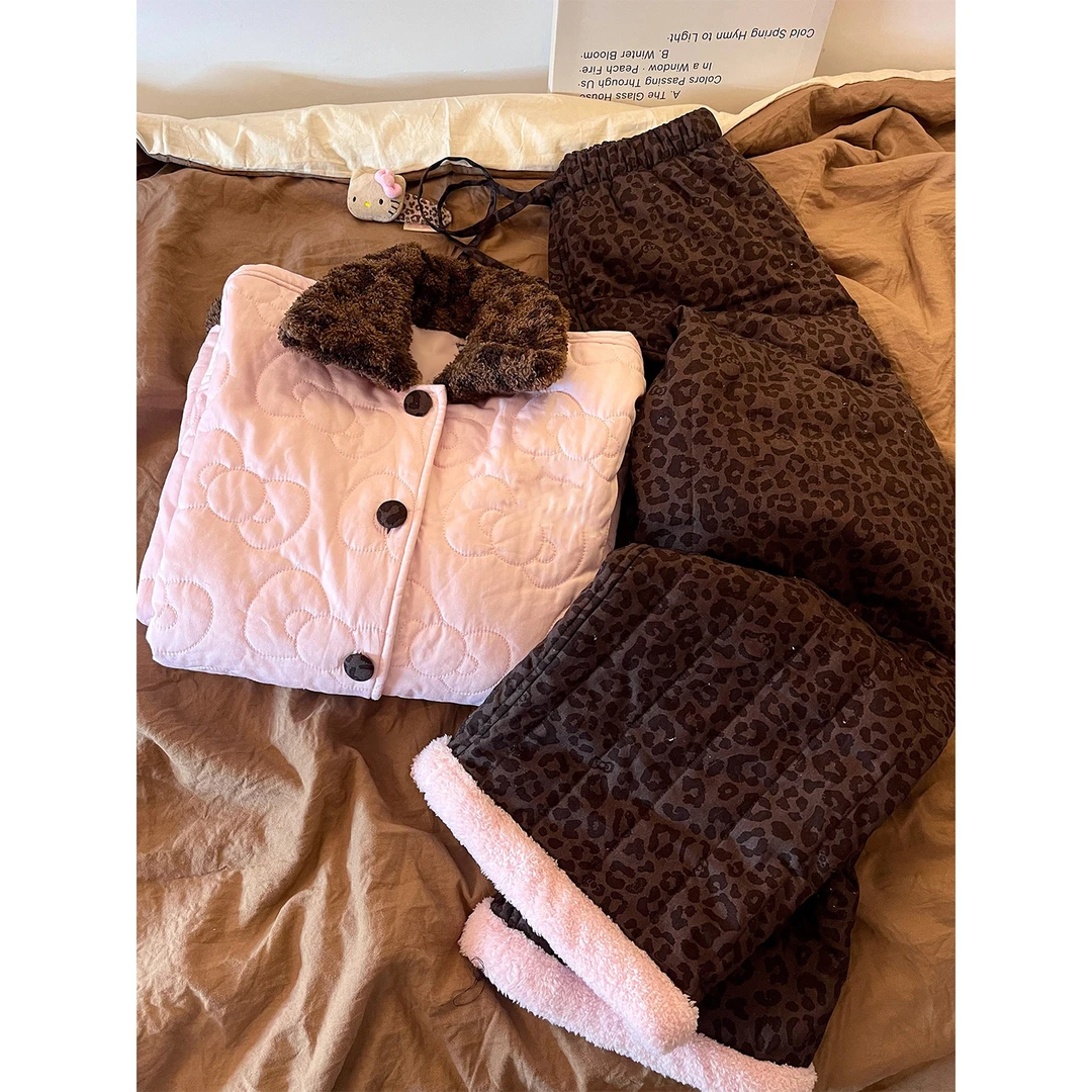 甜美粉色夹棉保暖睡衣女秋冬季2025新款可外穿加厚加绒居家服套装