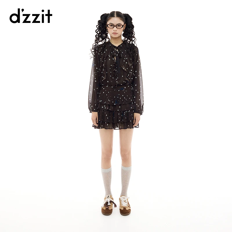 dzzit地素长袖衬衫春秋法式复古星星满印雪纺衫上衣女3J1C415