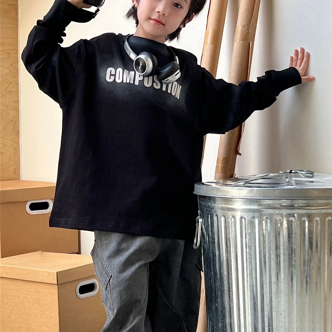 【Tang小白】2025新款秋款童装假两件t做旧喷染男女童纯棉长袖T恤潮