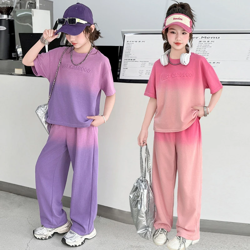 女童薄款渐变色套装2025新款洋气粉色儿童夏季短袖休闲运动两件套
