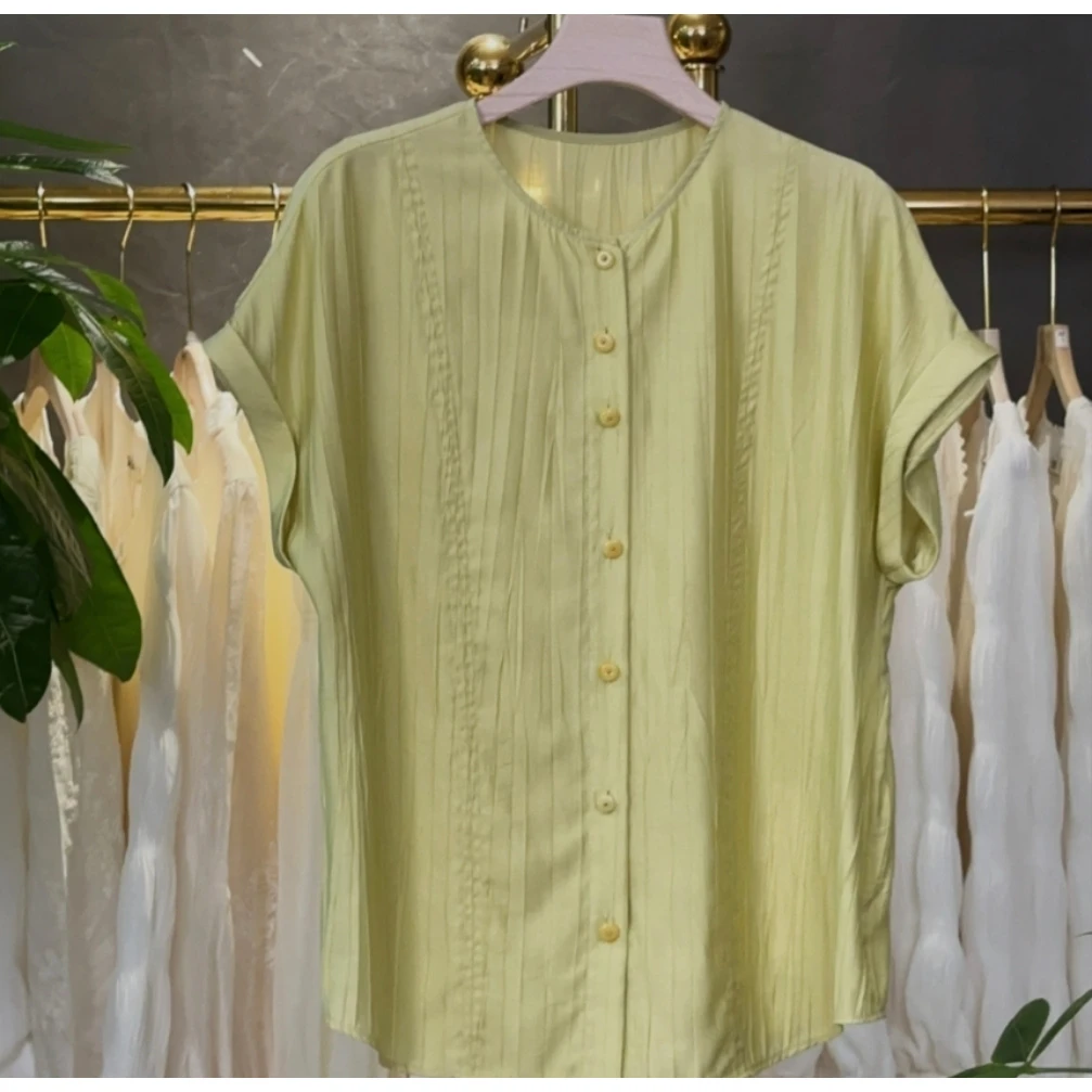 宽松透气清凉衬衫女2025夏季新款纯色遮肉小衫慵懒风T恤2567