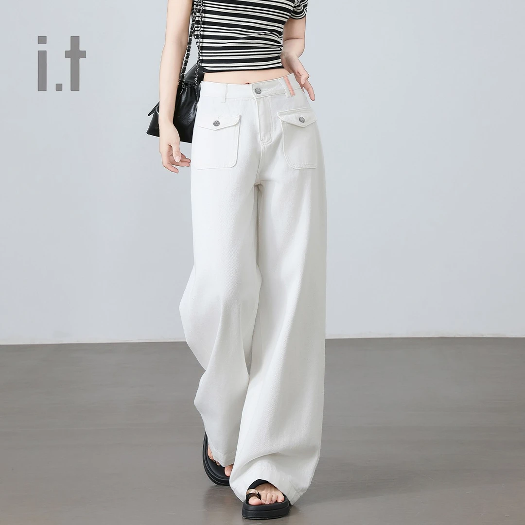 CHOCOOLATE极简风高腰宽松直筒牛仔裤春季简约阔腿休闲时尚长裤