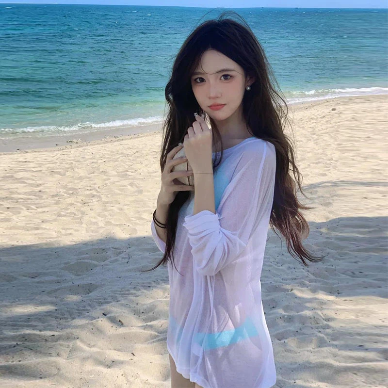 欧美ins辣妹风设计感薄款微透长袖T恤女夏季宽松显瘦防晒罩衫上衣