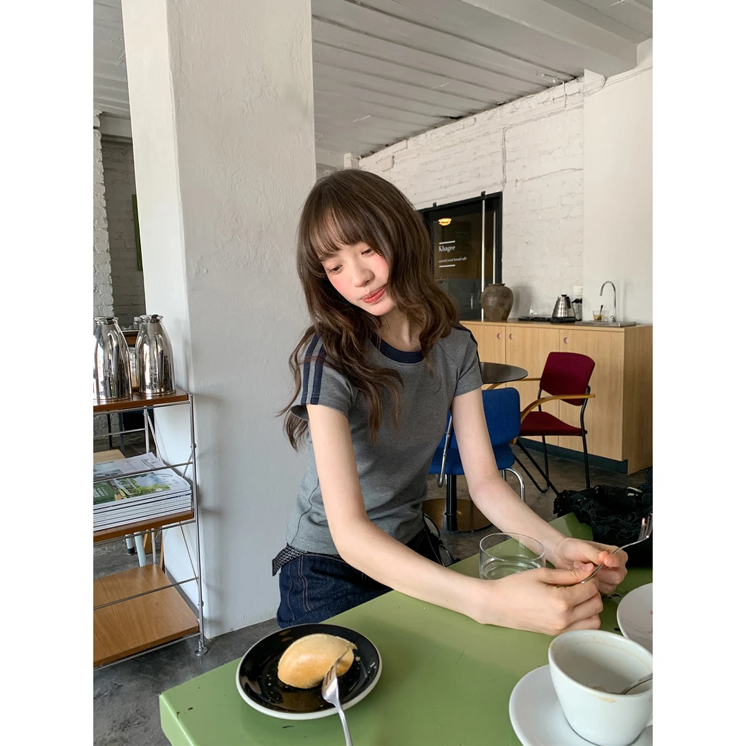 【你好卡农-蕾子】美高校区！撞色侧拼条修身短袖T恤KT25Z6363D