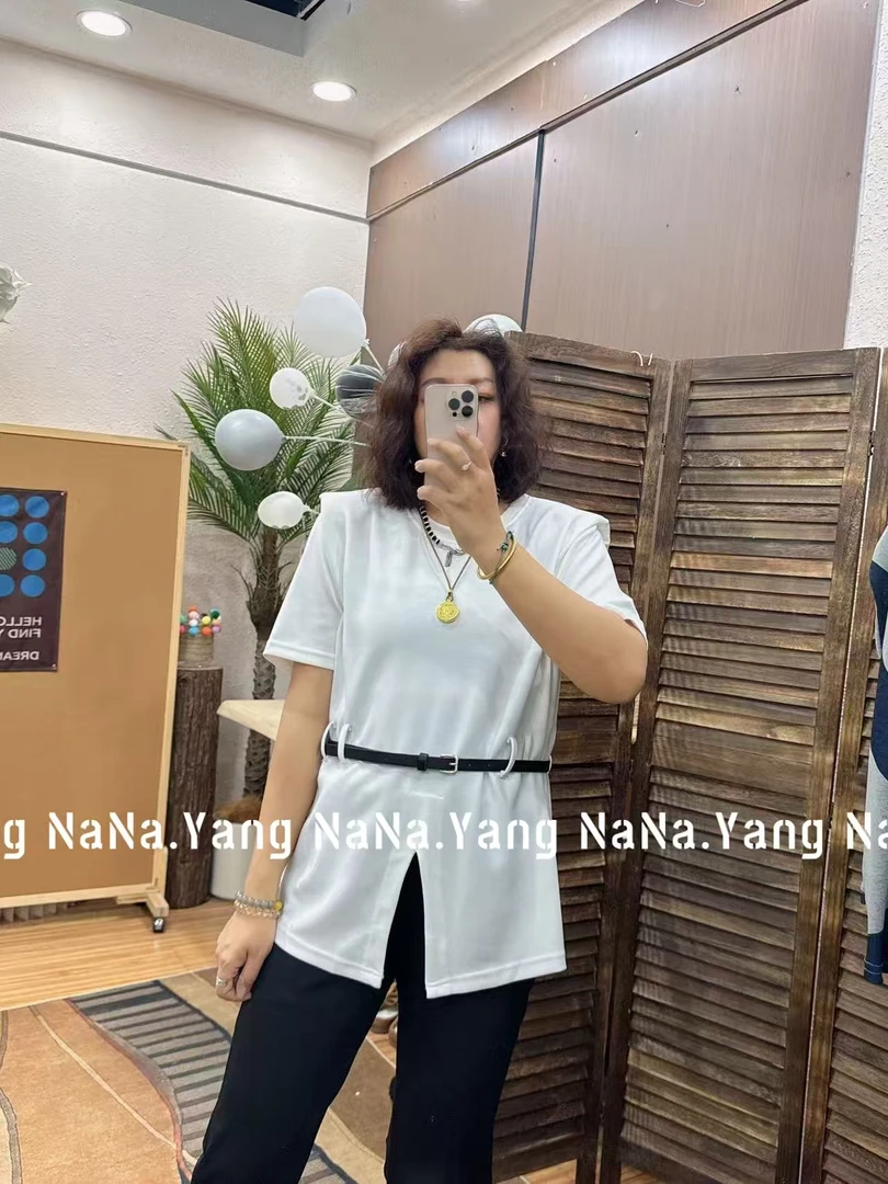 百搭正肩纸片人显瘦开衩垫肩带腰带T恤(退回腰带需要一起退回)