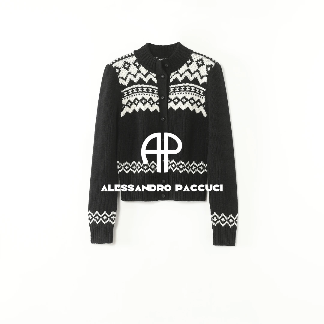 AP洛哥61008SK【费尔岛雪夜/羊毛羊绒】黑白提花修身针织开衫