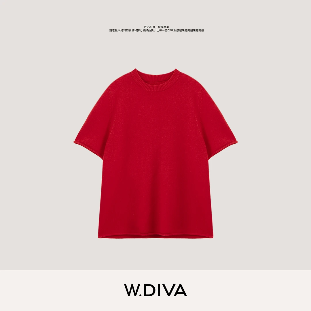 W.Diva【本色】羊绒罗纹圆领卷边短袖羊毛针织衫慵懒风女53Z123104