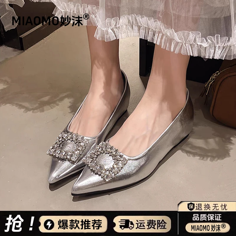 法式尖头水钻方扣浅口单鞋女玛丽珍鞋2025新款内增高一脚蹬小皮鞋