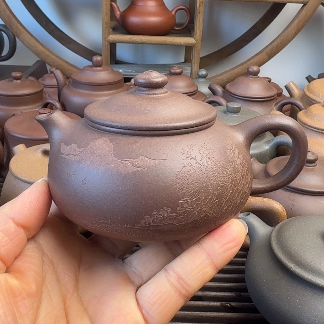 茶壶紫砂230cc寒江嫩底槽清刻绘