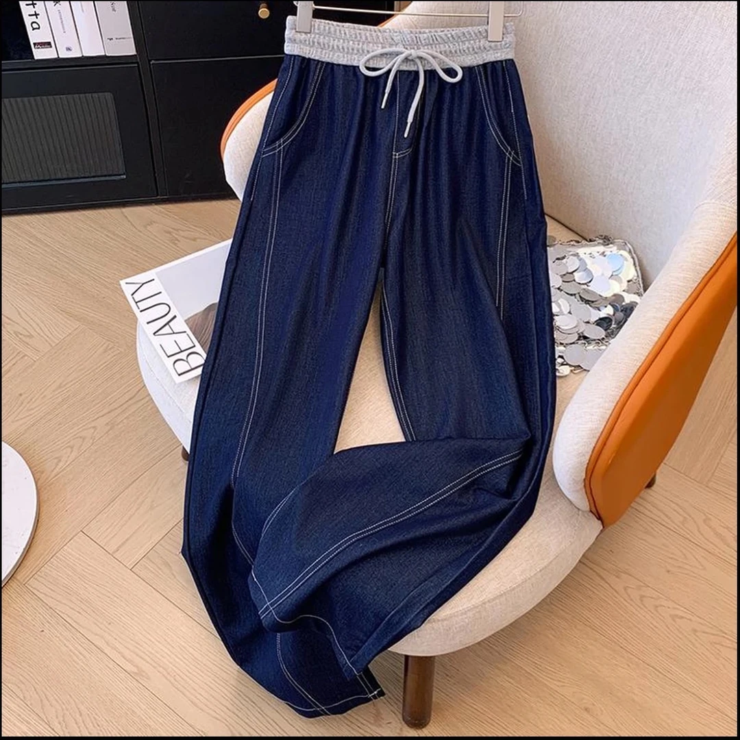 长裤阔腿裤女水洗针织牛仔裤洋气高腰显瘦时尚