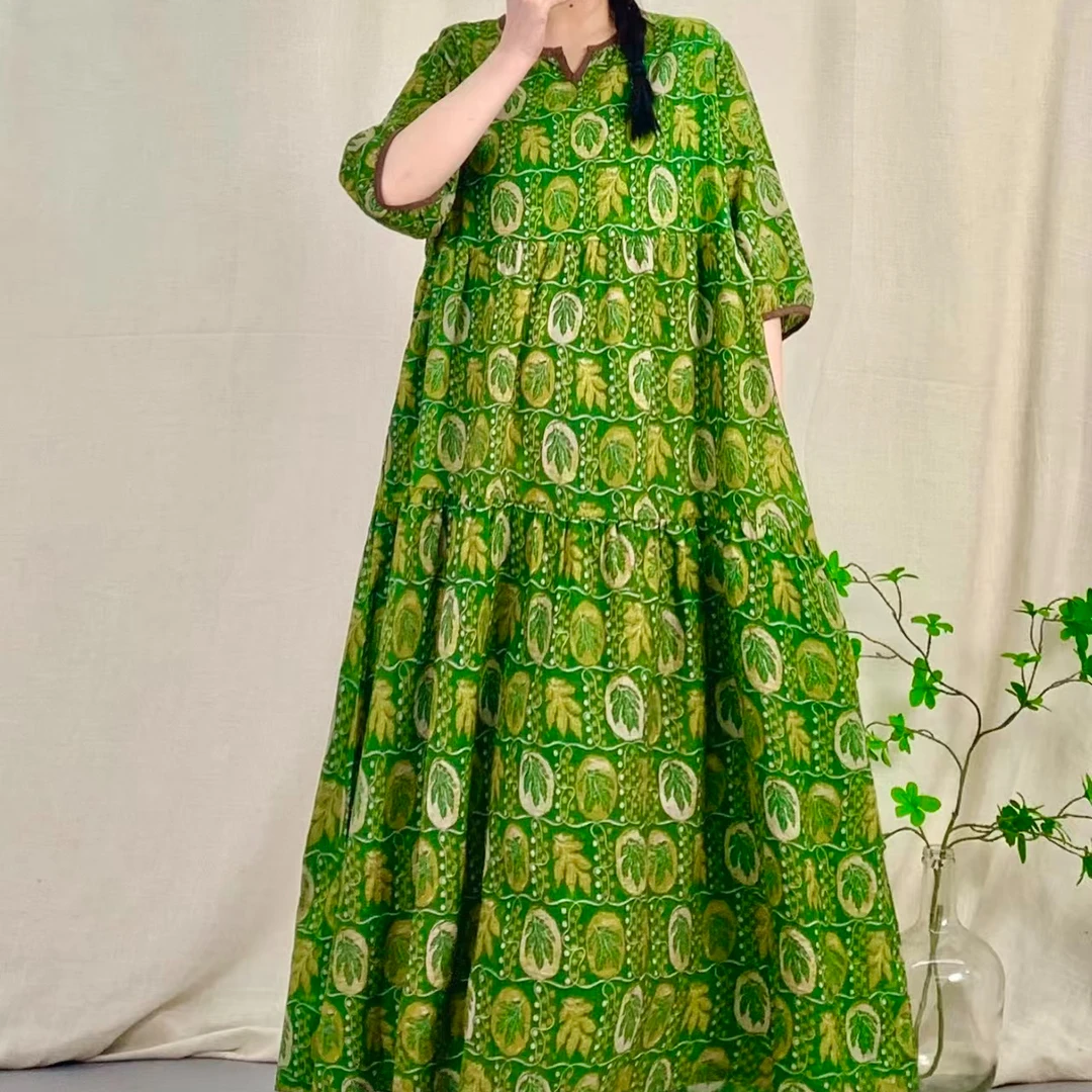 12604新款夏季优雅宽松大气印花福利款棉麻连衣裙