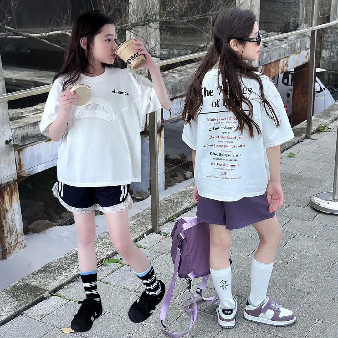 【灵感T】蓝小爸童装女童设计感短袖夏季新款纯色圆领休闲T恤