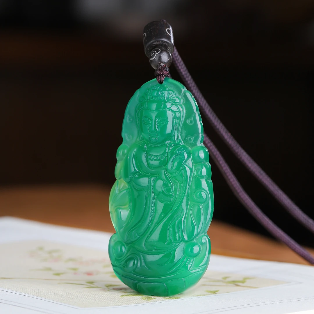 天然绿玉髓观音吊坠男女款玉石项链玉佩玉坠挂件玛瑙观音菩萨带绳