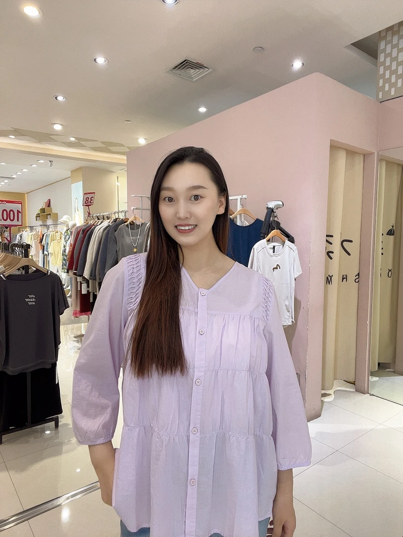 水淼夏季新品文艺简约纯色圆领小衫T恤宽松显瘦大码女装褶皱拼接