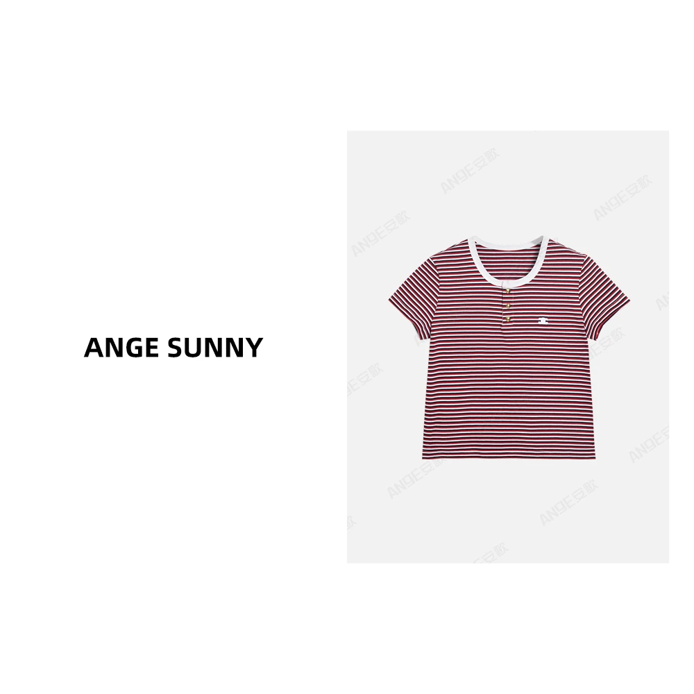 ANGE SUNNY【凯旋门条纹T恤】撞色领刺绣短袖上衣 时尚新款