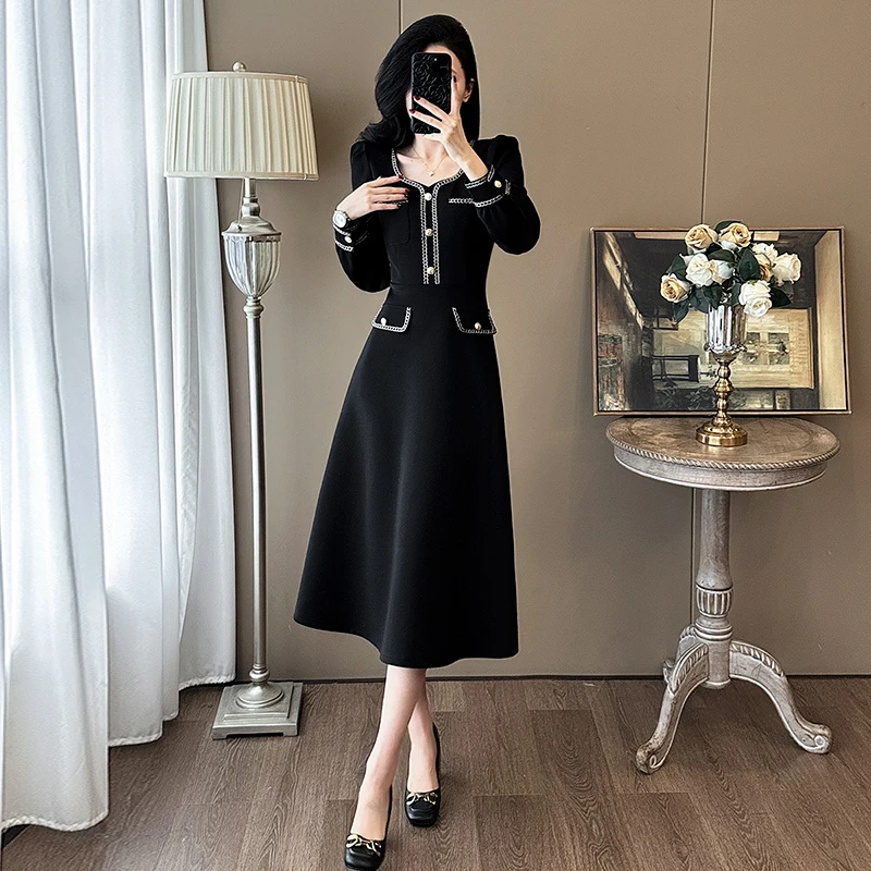 黑色小香风长袖连衣裙女春装收腰显瘦气质高级感内搭打底裙子洋气