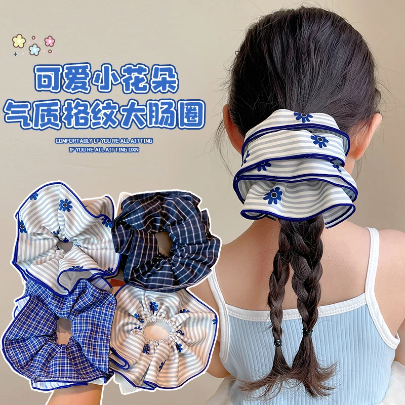 儿童花朵格纹大肠发圈2025新款女童皮筋扎头发绳女孩可爱卡通发饰