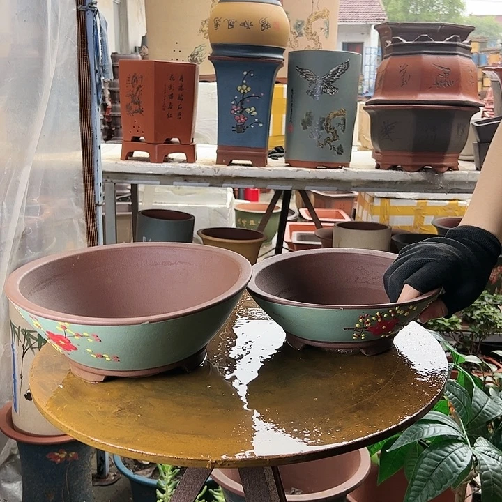 宜兴紫砂绿斗盆点菜中小一对