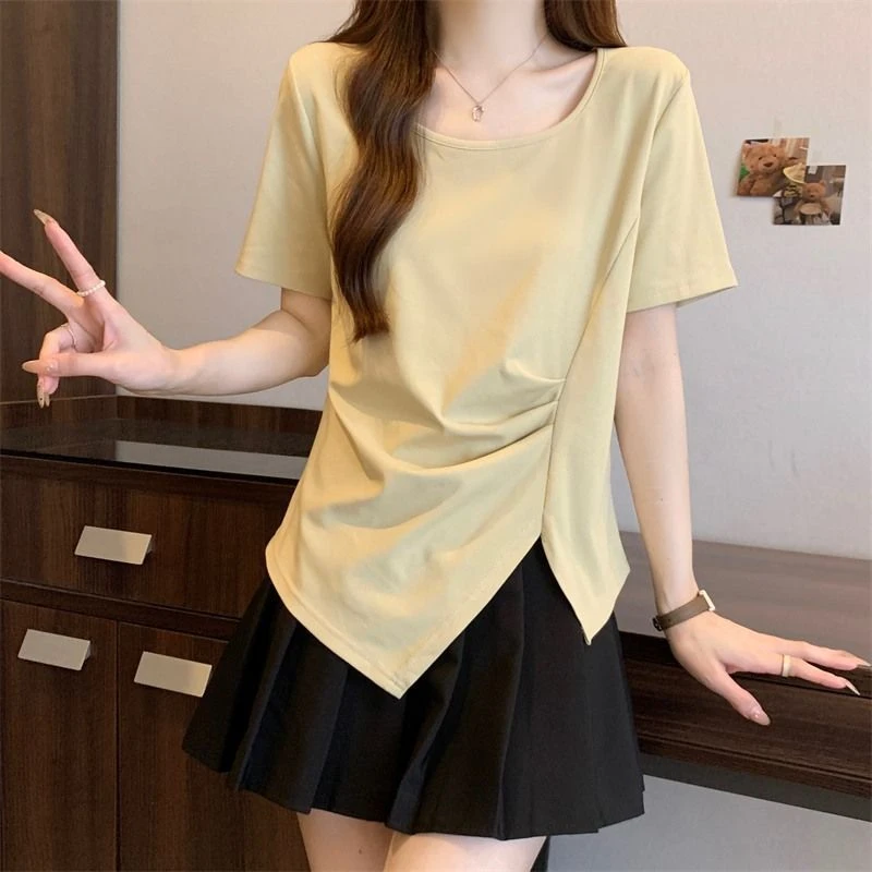棉大码女装不规则褶皱遮肚子短袖t恤女夏微胖mm遮肉显瘦正肩上衣