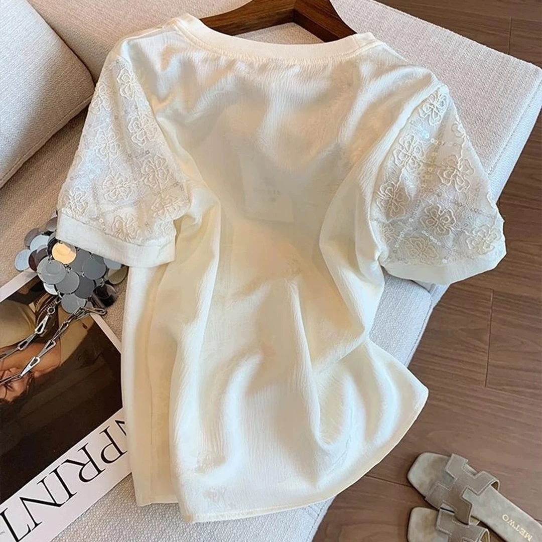 蕾丝时尚休闲夏季设计师圆领重工提花气质百搭女士半袖复古春夏