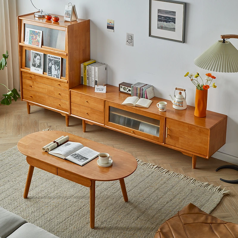 实木电视柜茶几组合现代简约樱桃木色小户型客厅储物边柜轻奢矮柜