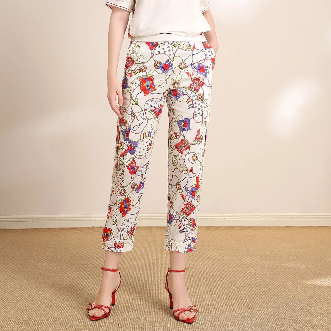 【时尚印花工装裤】JETEZO夏新款松紧高腰舒适棉弹休闲裤BB1EB123B1