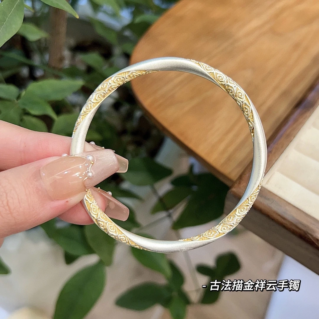 足银手镯 足银999浮云卷手镯女纯银卷草纹繁花复古手环礼物送女友