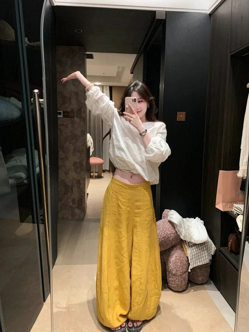 2025早秋韩系ins风白色衬衣黄色通勤裤子气质显瘦减龄两件套