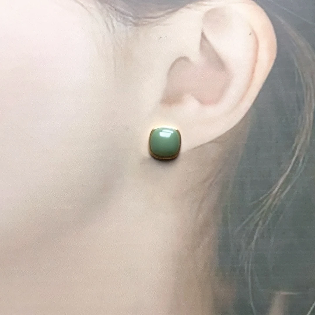 和田玉耳钉银S925镀金镶嵌